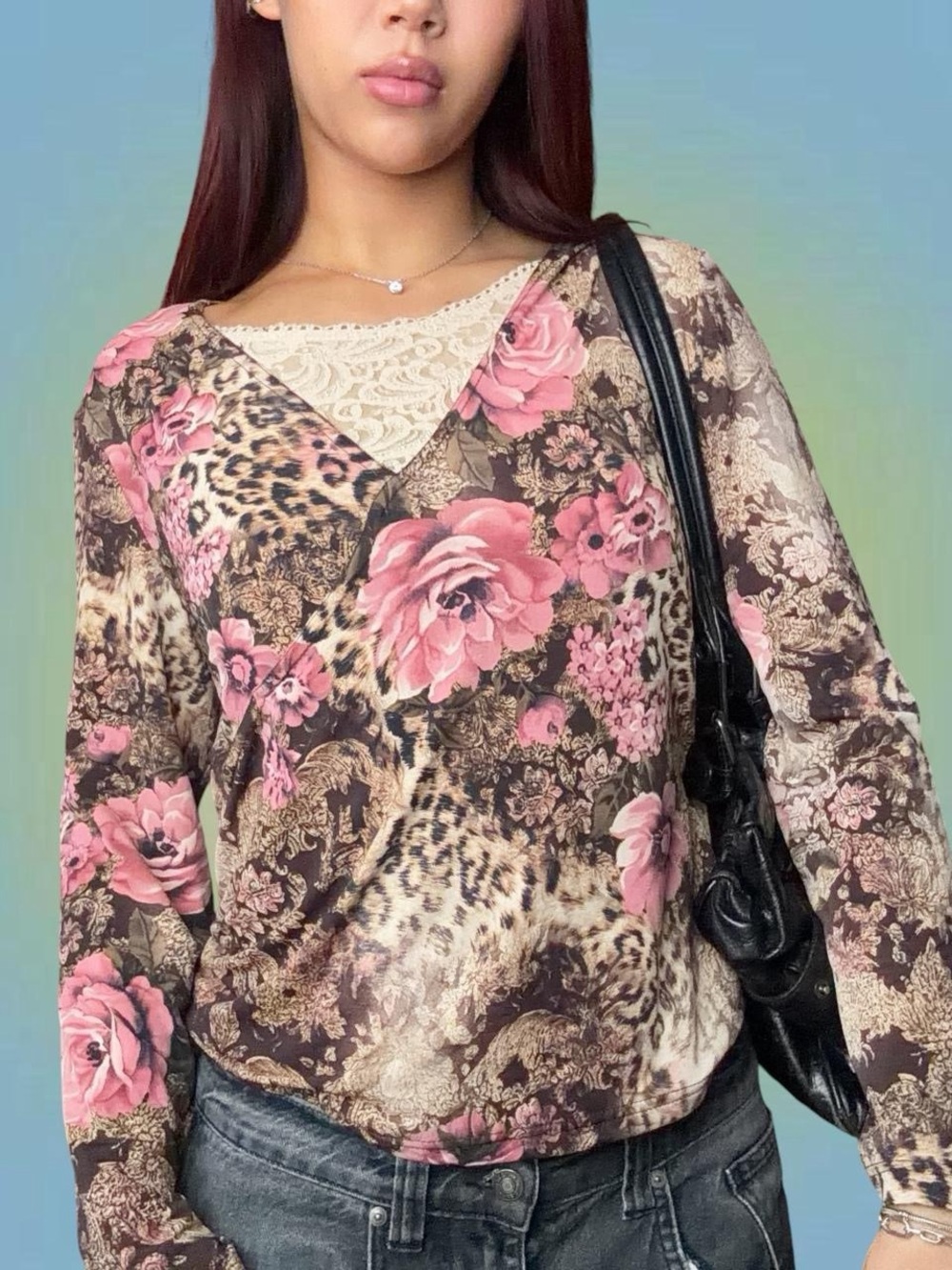 Floral & Leopard Print Long-Sleeve Women's Top - Pink/Brown - Picture 2 of 5